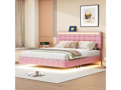 Upholstered bed with LED lights for adults - floating bed frame with slatted base by Meublita and headboard with 2 USB ports - pink 160x200cm