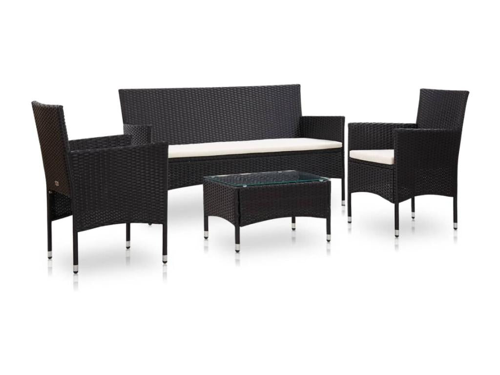 4-piece garden furniture set with cushions, black woven resin