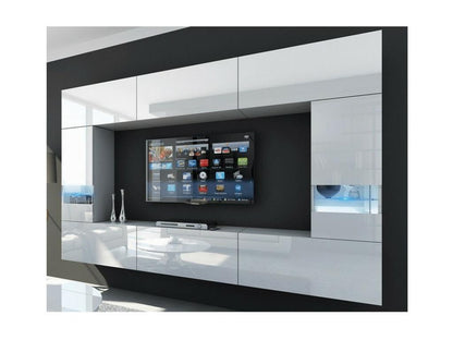 Set of white suspended living room furniture from the Meublita XXIX collection - 249cm, 8 modular LED furniture pieces.