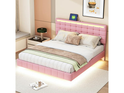 Upholstered bed with LED lights for adults - floating bed frame with slatted base by Meublita and headboard with 2 USB ports - pink 160x200cm