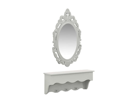 Wall-mounted shelf for keys and jewelry with mirror and hooks, Grey