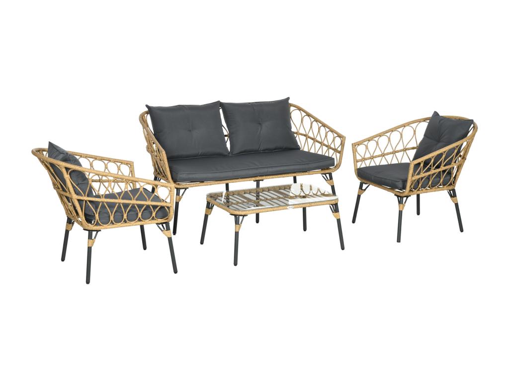 4-piece, 4-seater garden furniture set in colonial style, coffee table, grey cushions included, woven resin with a rattan look