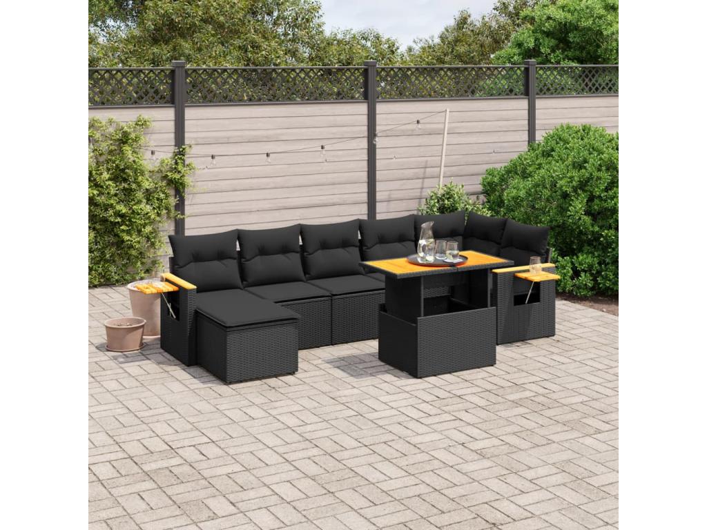 8-piece garden furniture set with cushions, black woven resin