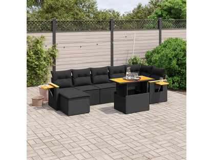 8-piece garden furniture set with cushions, black woven resin