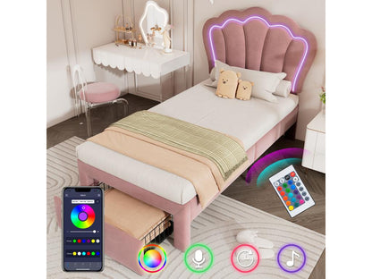 90x200 cm velvet bed with drawers and app-controlled LED lighting - Pink