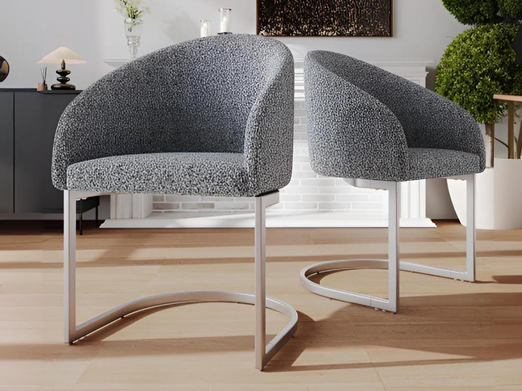 Set of 2 cantilever chairs in grey bouclé fabric