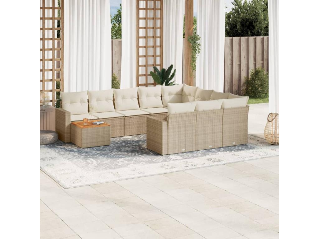 11-piece garden furniture set with beige resin wicker cushions