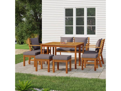 9-piece garden dining set with cushions, made of wood.