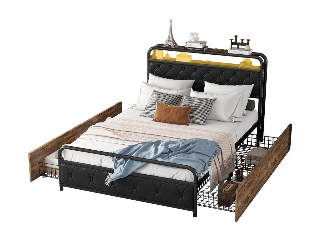 Flat bed 140x200cm - TOPESCT - iron frame bed with lighting by Meublita, USB ports, 4 drawers, black adult bed