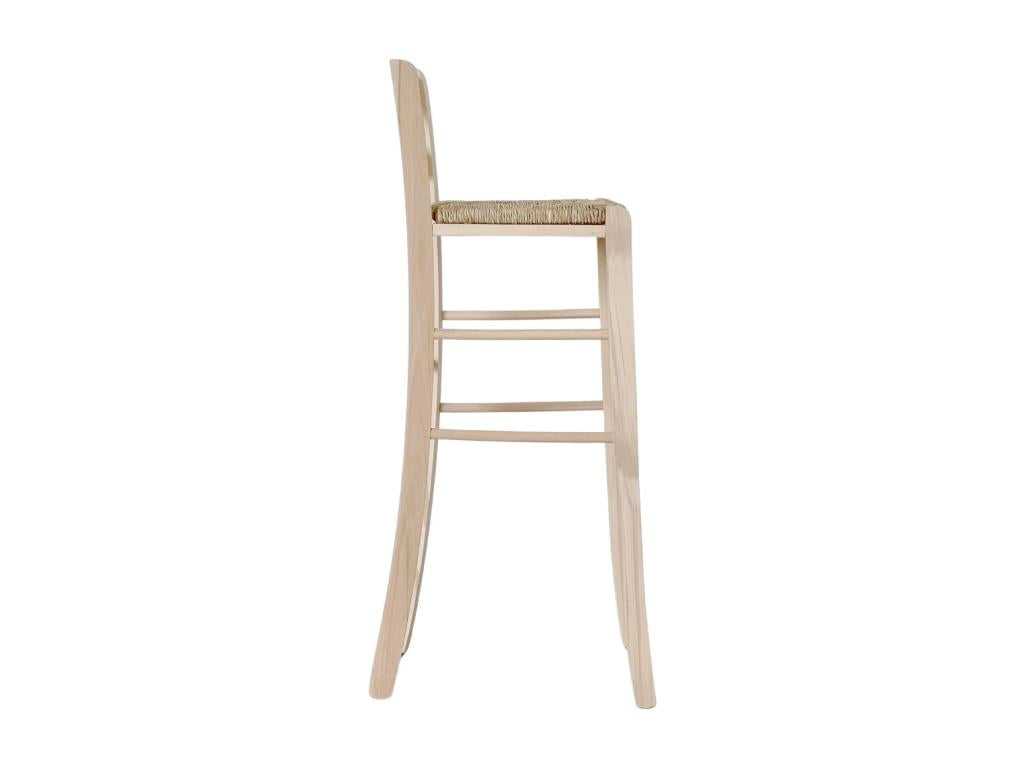 High bar stool in raw wood, 80 cm high, with handle and straw seat
