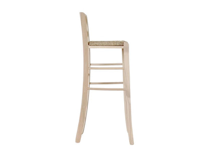 High bar stool in raw wood, 80 cm high, with handle and straw seat