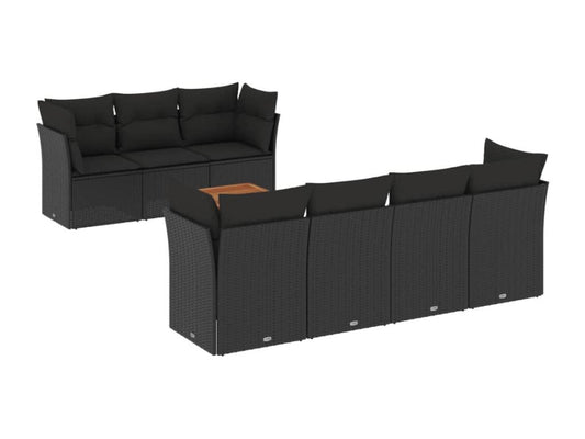 8-piece garden furniture set with cushions, black woven resin