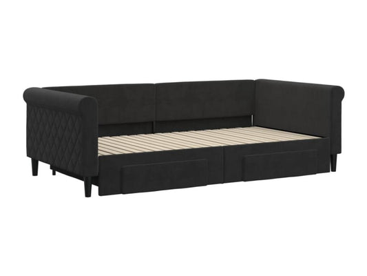 Daybed with trundle and drawers, black, 100x200 cm, velvet