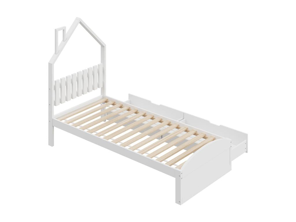 Cabin bed, children's bed, 90x200 cm bed with house-shaped headboard and built-in storage compartments, white