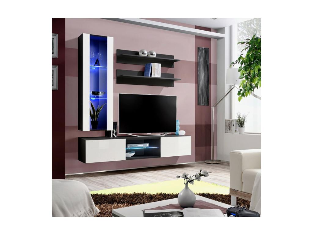 FLY S2 TV unit with LED lighting - Black and white color - Designer wall-mounted unit for your living room.