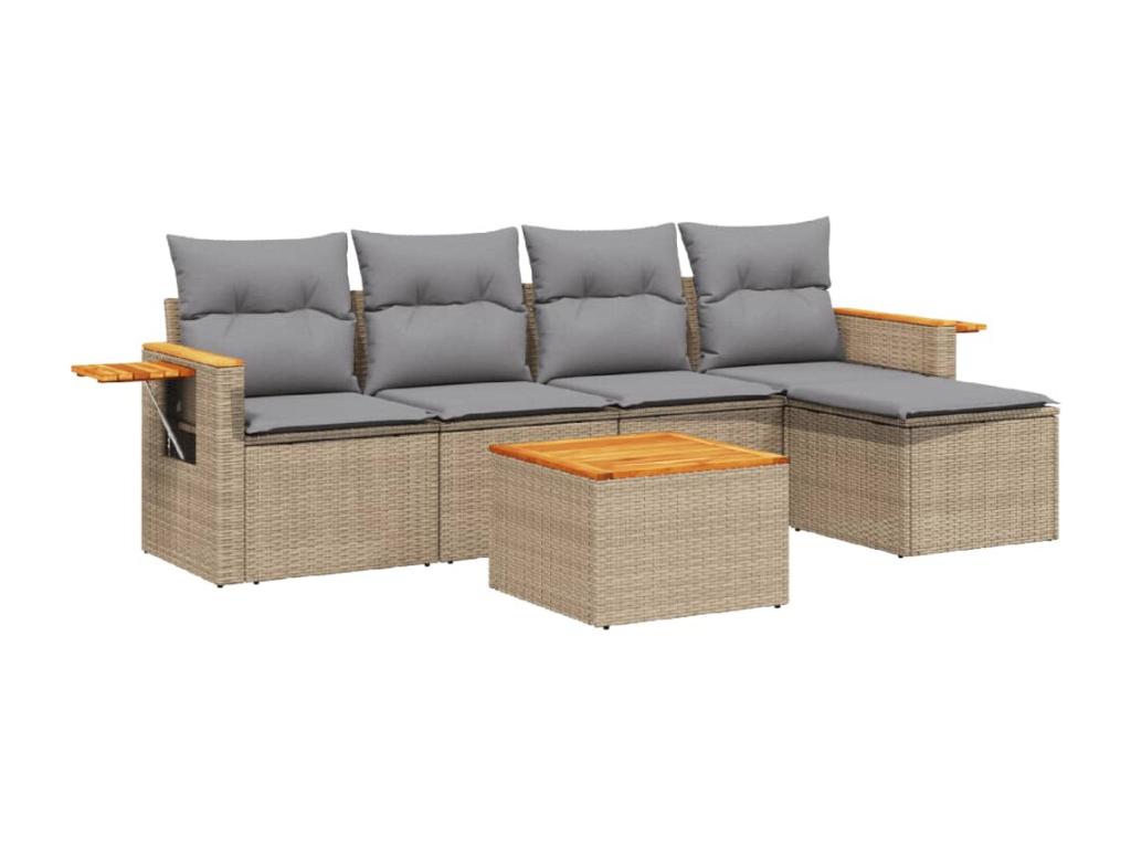6-piece garden furniture set with cushions, beige woven resin