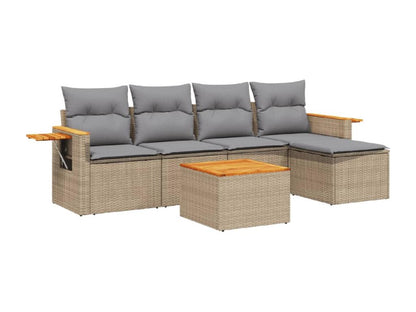 6-piece garden furniture set with cushions, beige woven resin