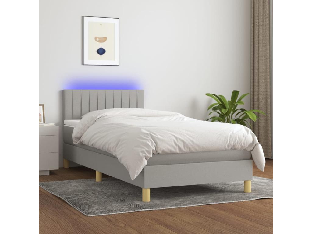 Upholstered bed base with mattress and LED light, light grey, 80x200cm, fabric
