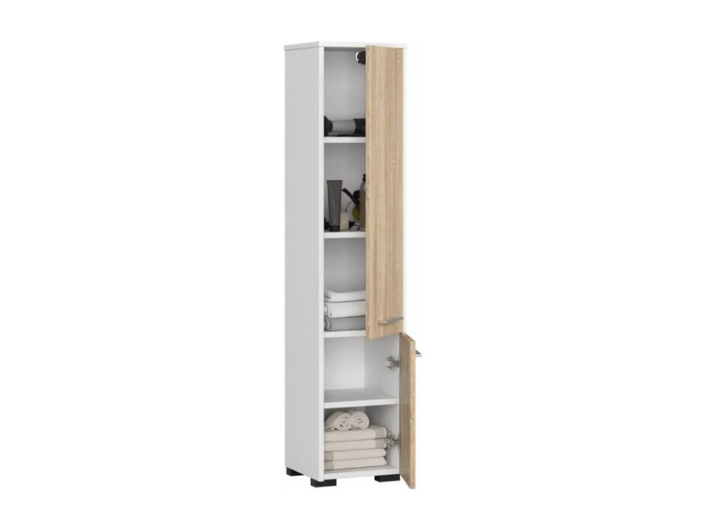Meublita FIN White 30cm Bathroom Column with 2 Doors, Oak Front, and 5 Shelves (30x30x140cm)