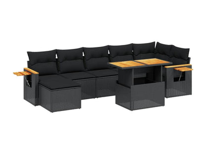 8-piece garden furniture set with cushions, black woven resin