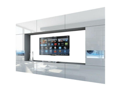 Set of white suspended living room furniture from the Meublita XXIX collection - 249cm, 8 modular LED furniture pieces.