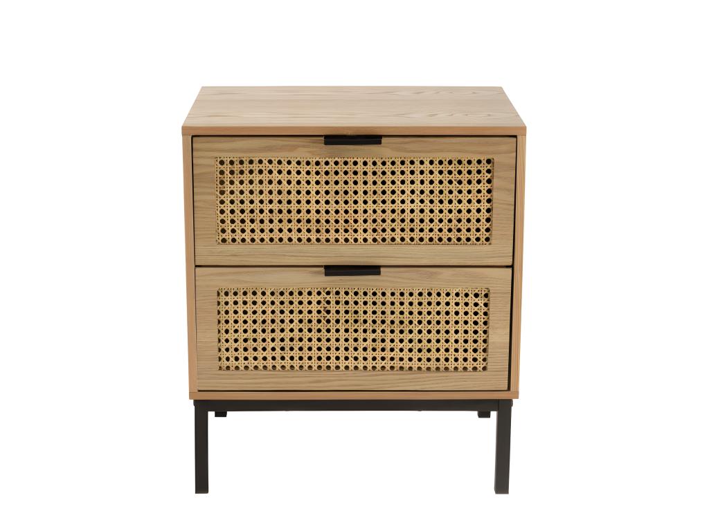 Meublita - Bedside table with 2 drawers, natural cane, black metal legs