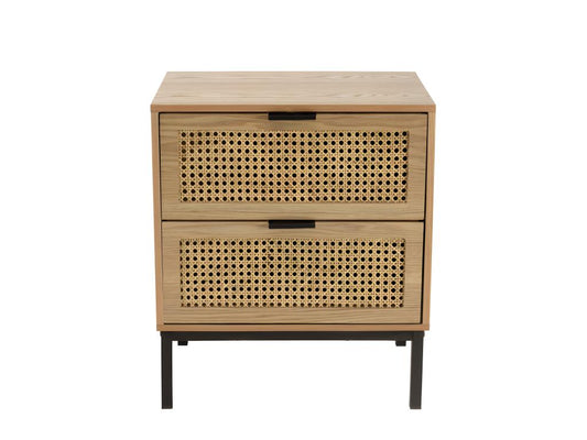 Meublita - Bedside table with 2 drawers, natural cane, black metal legs