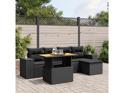 6-piece garden furniture set with cushions, black woven resin