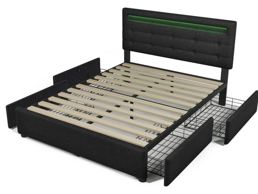 Bed with drawers - 140x200cm with LED lighting and 4 drawers, Black, without mattress - Meublita