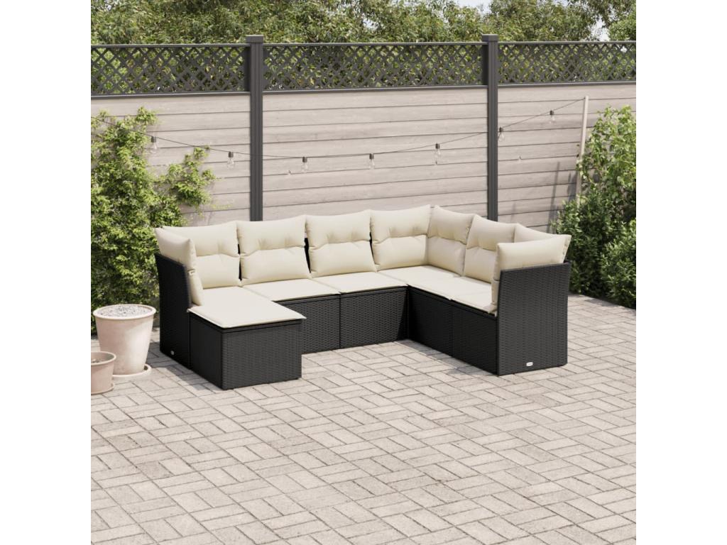 7-piece garden furniture set with cushions, black woven resin