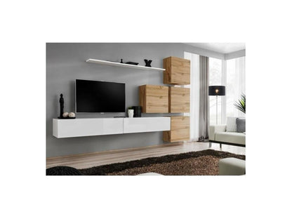 SWITCH IX wall-mounted living room furniture set, designed in glossy white and oak by Vertchez.