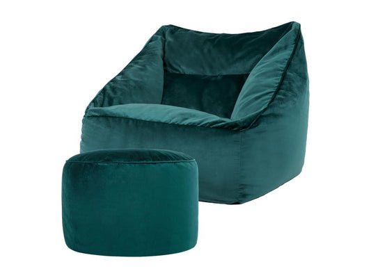 Pouf armchair with round footrest in duck blue velvet - Meublita