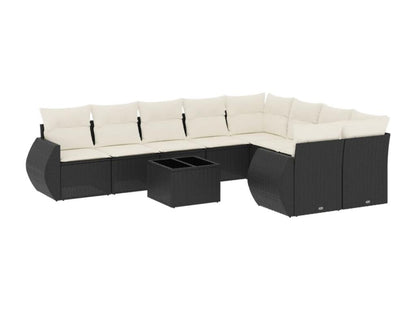10-piece garden furniture set with cushions, black woven resin