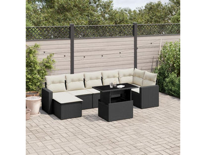 8-piece garden furniture set with cushions, black woven resin