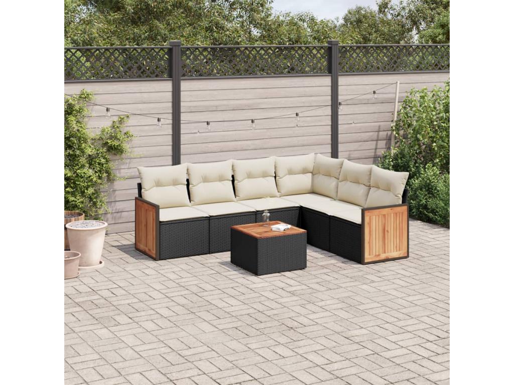 7-piece garden furniture set with cushions, black woven resin