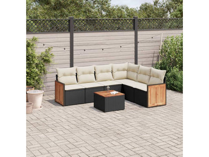 7-piece garden furniture set with cushions, black woven resin