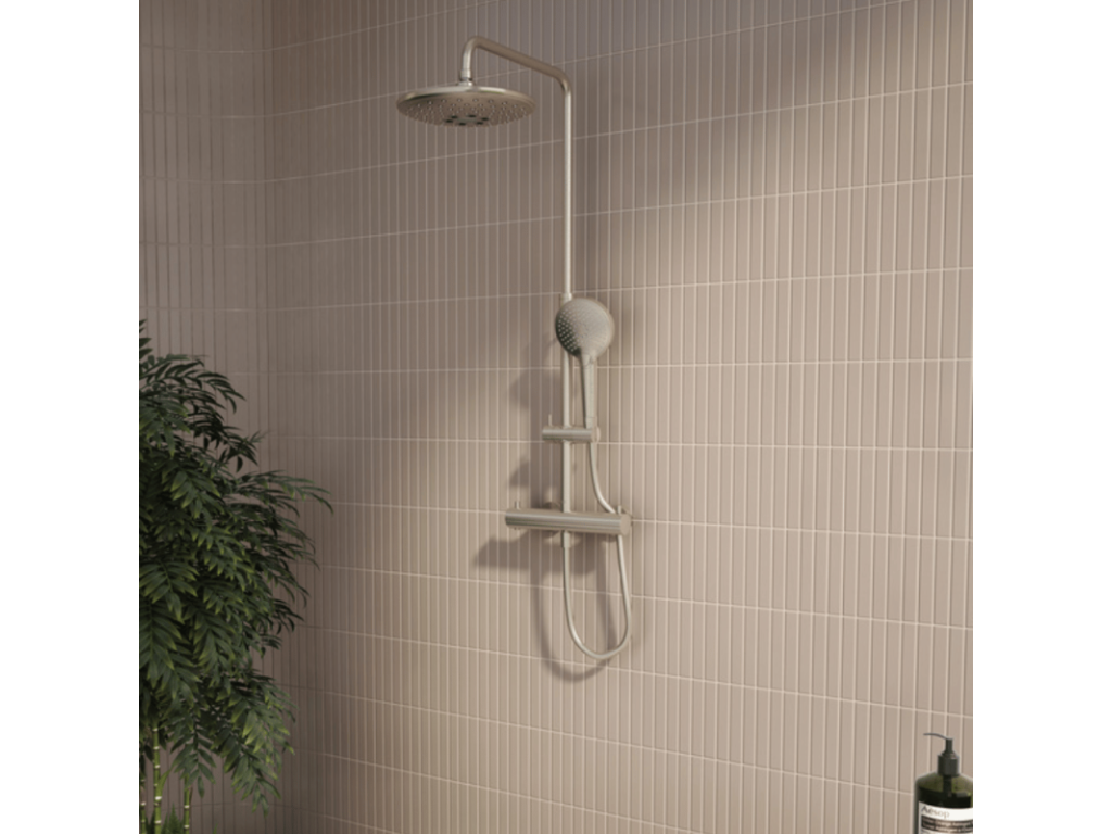 Meublita Aquaheat thermostatic shower column, Meublita 240 2F brushed nickel, Briochin cleaner