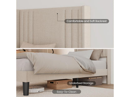 Upholstered Single Bed 90x200 cm with Headboard for Storage, Meublita Slatted Base, Linen Fabric, Children's/Teenager's Bed, Yellowish