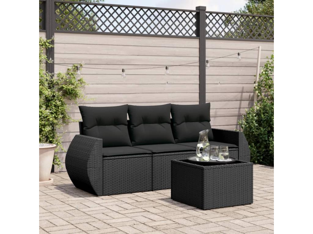4-piece garden furniture set with cushions, black woven resin