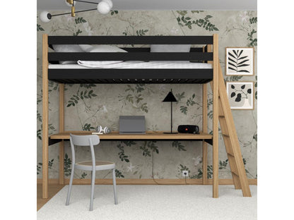 Wooden loft bed - with desk N02 Black / Natural Oak 100x200