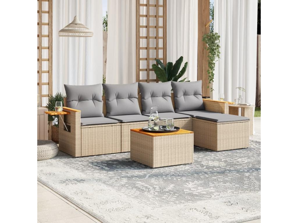 6-piece garden furniture set with cushions, beige woven resin
