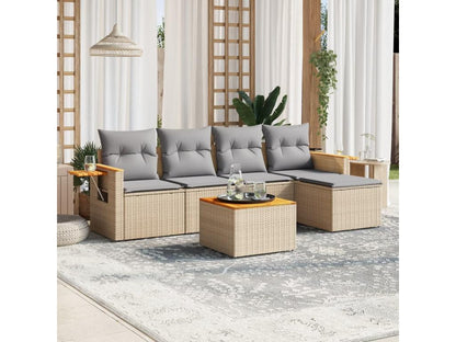 6-piece garden furniture set with cushions, beige woven resin