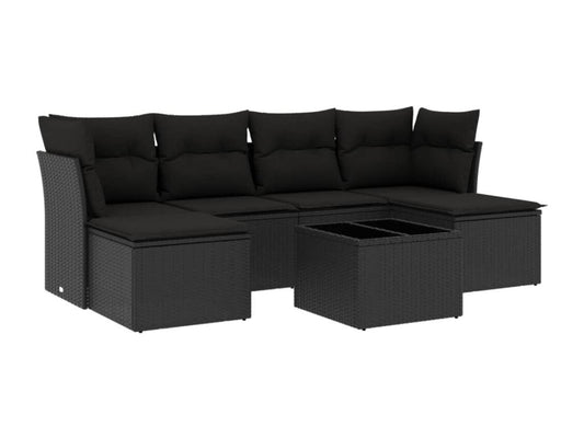 7-piece garden furniture set with cushions, black woven resin