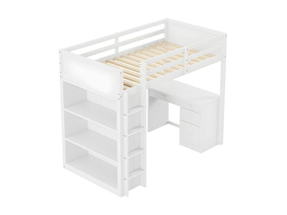 Loft bed 90x200 cm - with storage furniture and a desk - in solid wood - White