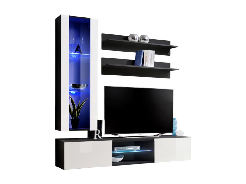 FLY S2 TV unit with LED lighting - Black and white color - Designer wall-mounted unit for your living room.