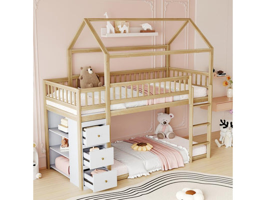 Bunk beds 2x90x200 cm with 3 drawers and 3 storage shelves - Pine plywood MDF - Natural wood color