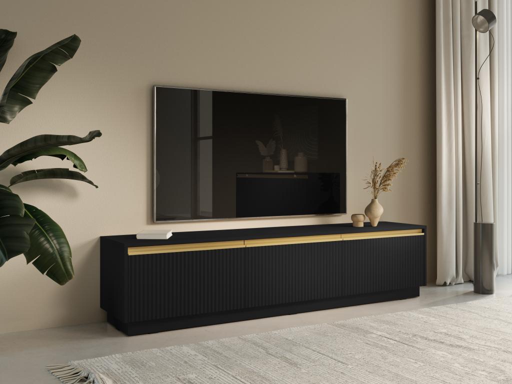 Wall-mounted or freestanding TV unit with 3 MDF doors - Black and gold - Meublita MORABITO