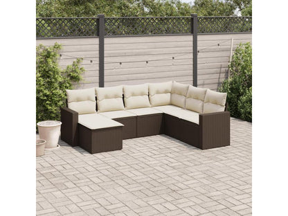 Garden furniture set with cushions, 7 pieces, brown woven resin