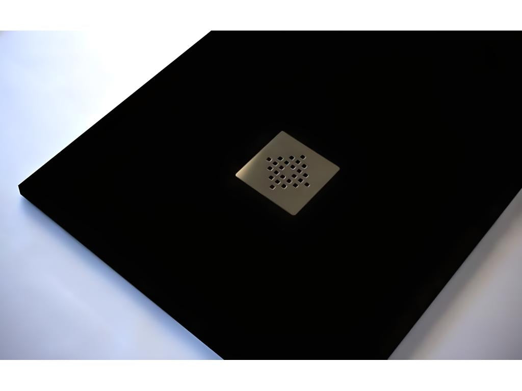 Extra-flat 90x110 cm PURE shower tray in black slate-effect resin with black drain cover