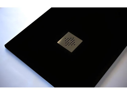 Extra-flat 90x110 cm PURE shower tray in black slate-effect resin with black drain cover